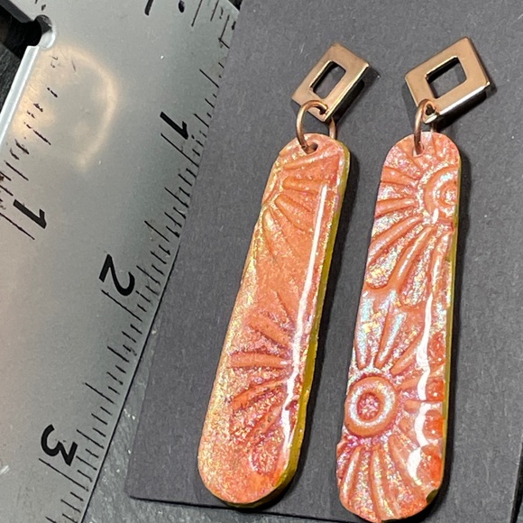 Artisan Made Floral Embossed Shimmering Orange And Pink Boho Earrings - Picture 7 of 7